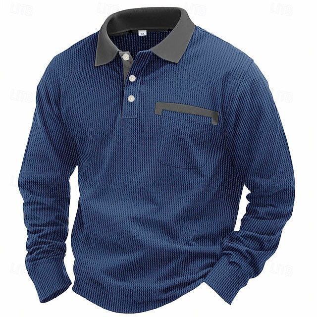 Men's Long-sleeved Waffle Polo Shirt Top
