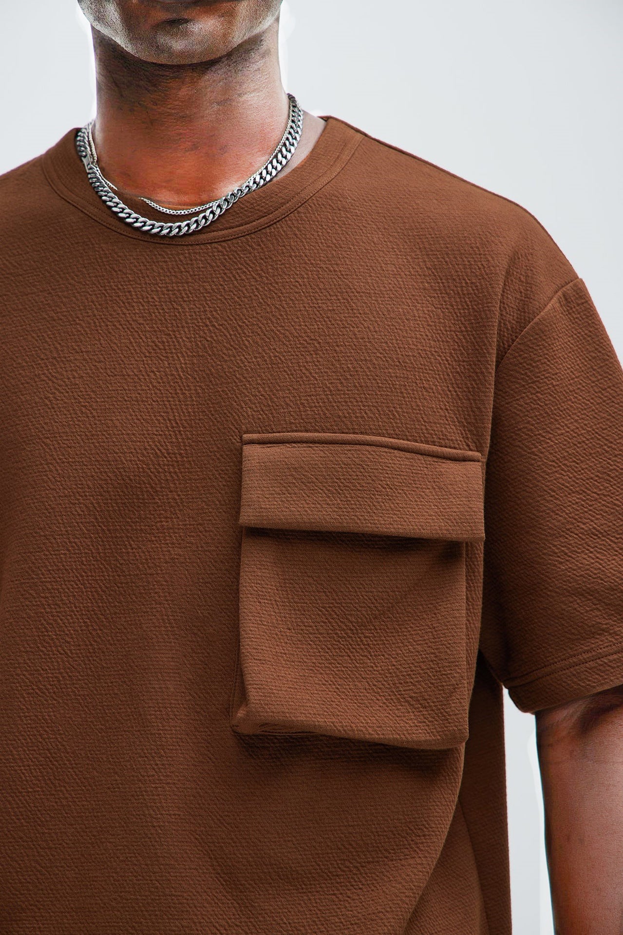 Men's Patch Pocket Champray Crew Neck Casual Loose 5-point Sleeve Top