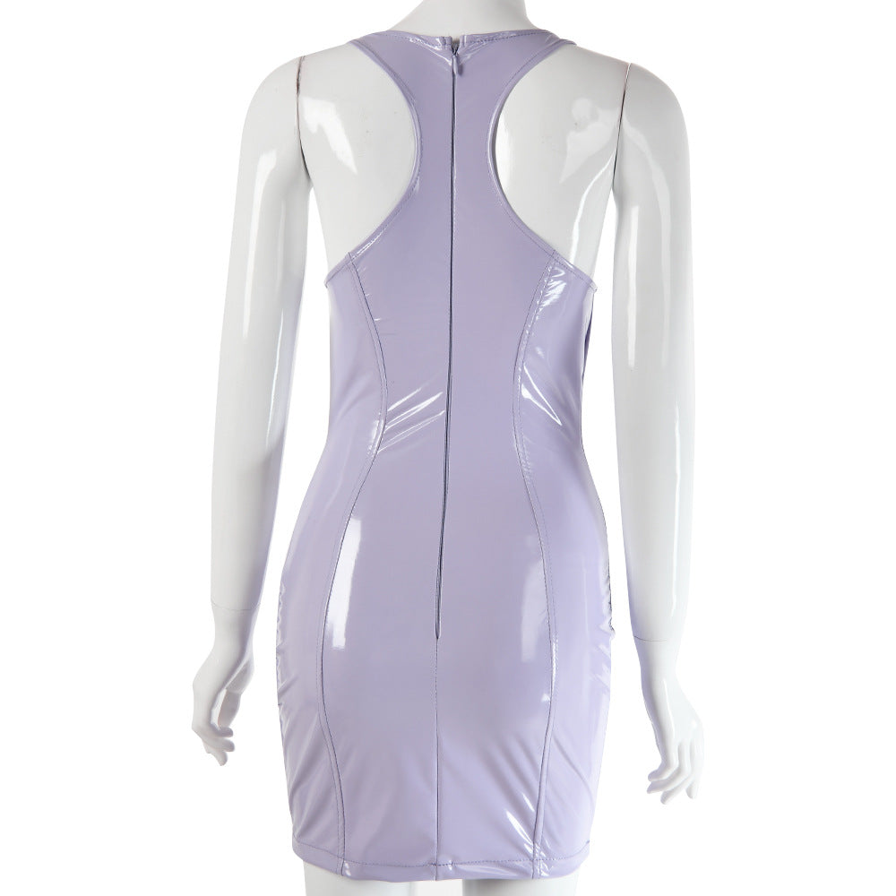 Round Neck PU Sexy Slim Dress Women's