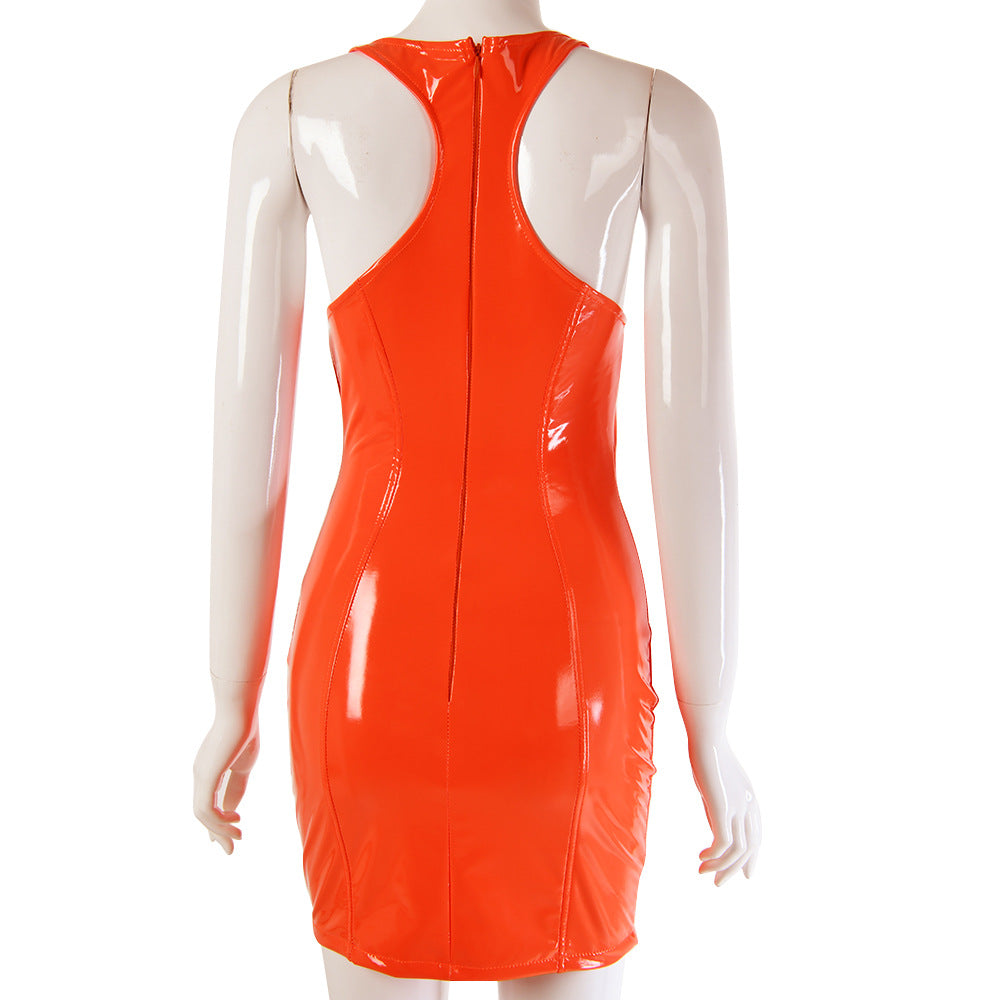 Round Neck PU Sexy Slim Dress Women's