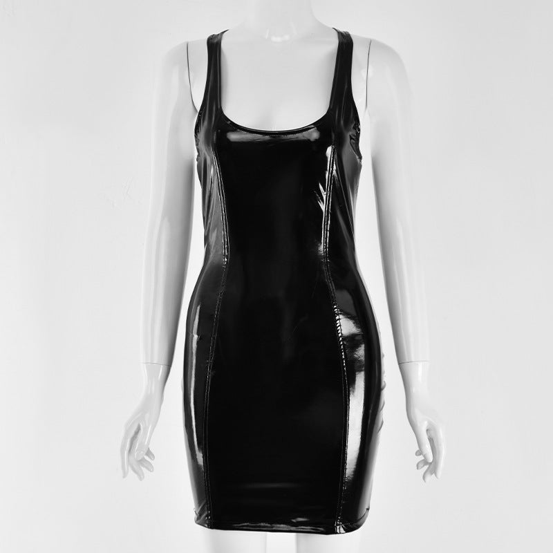 Round Neck PU Sexy Slim Dress Women's