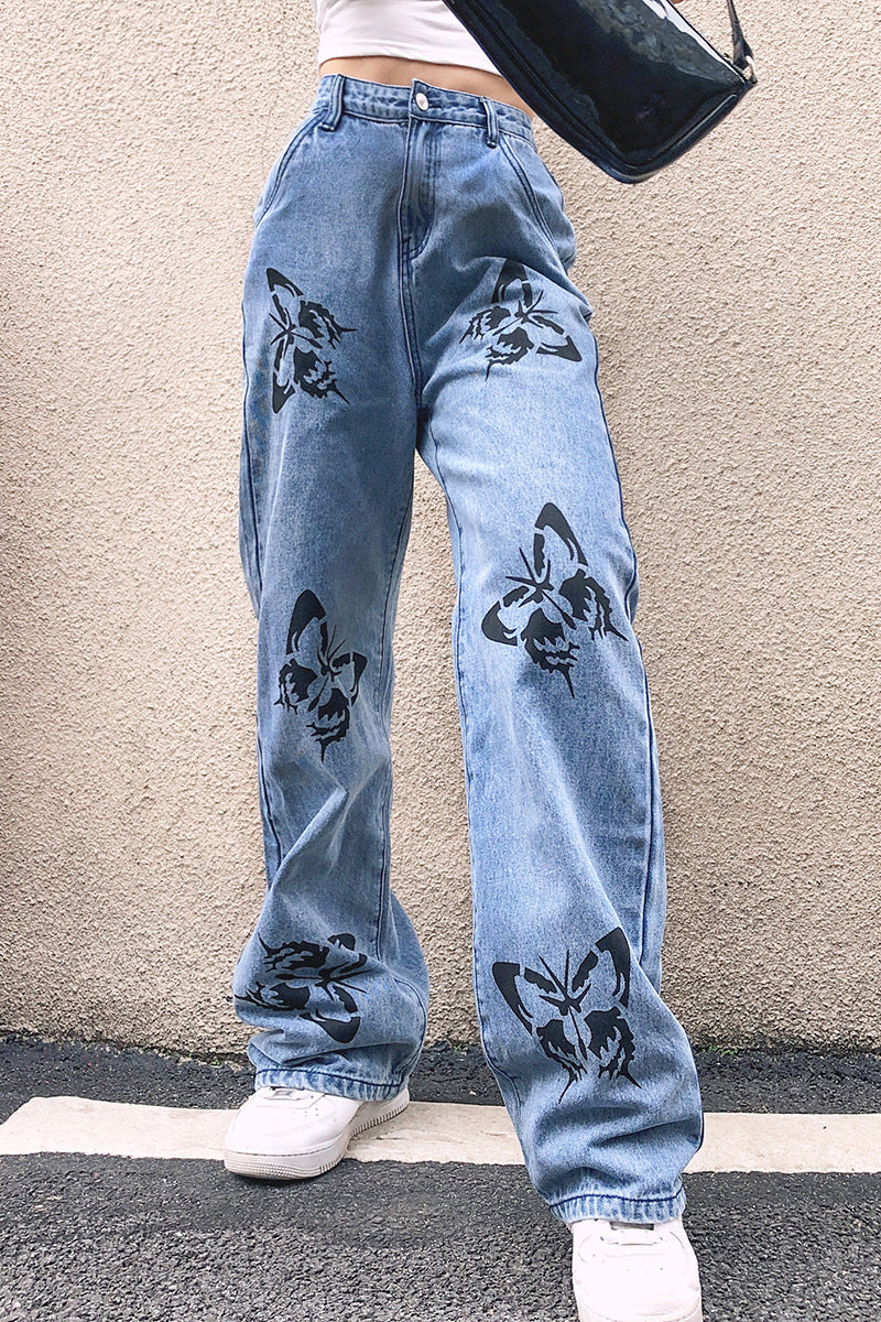 Fashion Straight-leg Butterfly Denim Trousers