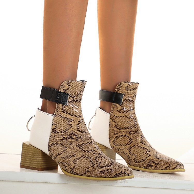 Snake-print Martin Boots With Thick Heels And Pointed Toes