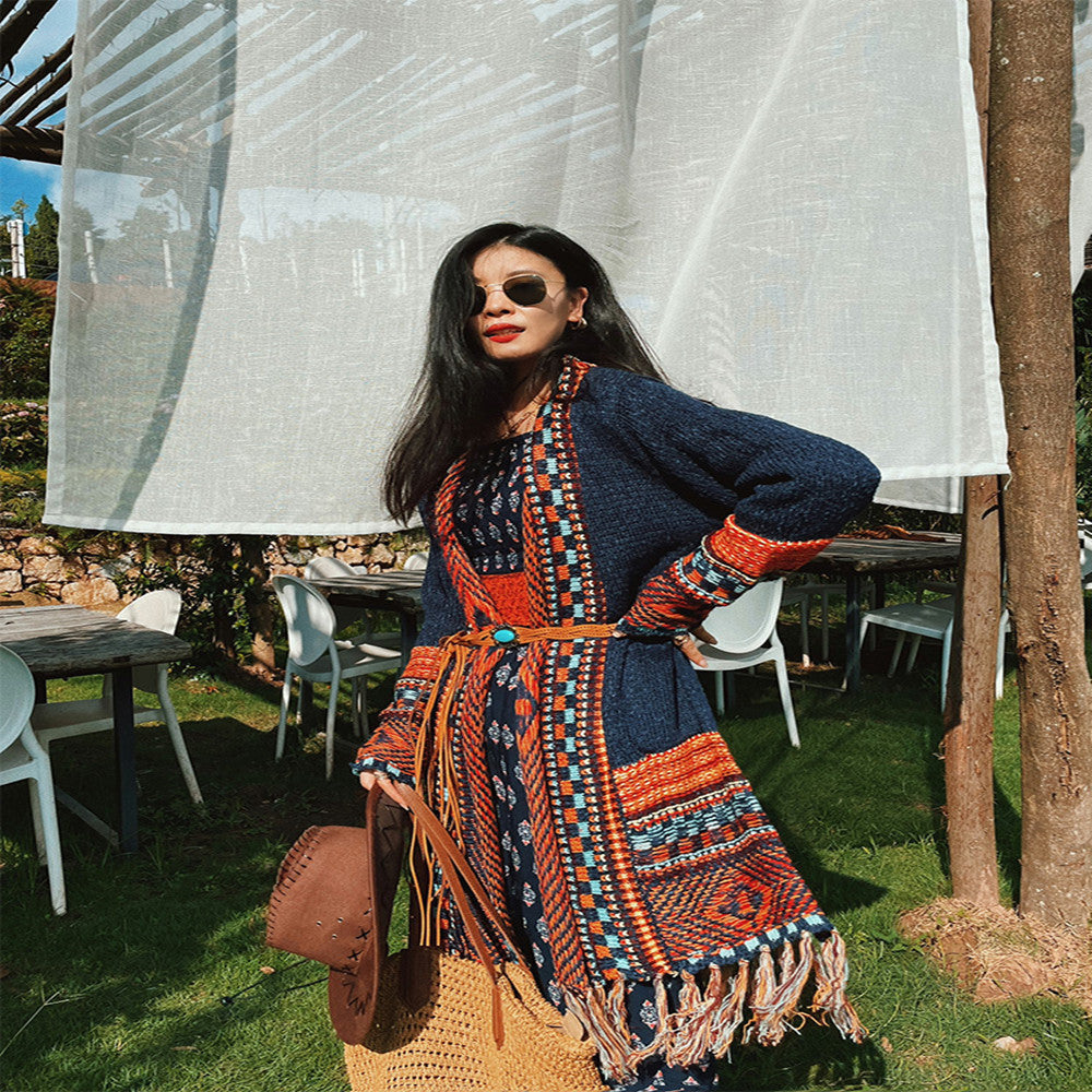 Boho Fringed Vintage Knitted Cardigan Women's Long Sweater Coat