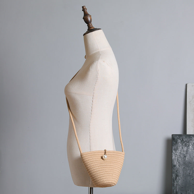 Small Coin Purse Pearl Straw Woven Bag Single Shoulder Cotton Bag