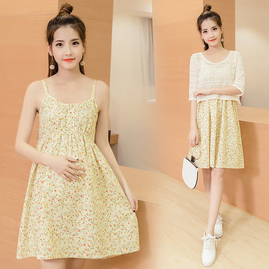 Fashion Maternity Skirt Fresh Summer Four Color Small Floral Maternity Skirt Two Piece Wash Water Cotton Net Vest Skirt