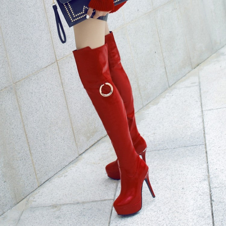 Winter New Waterproof Platform Stiletto High Heels Fashion Metal Decorative Female Boots European And American Style Red Over-the-knee Boots