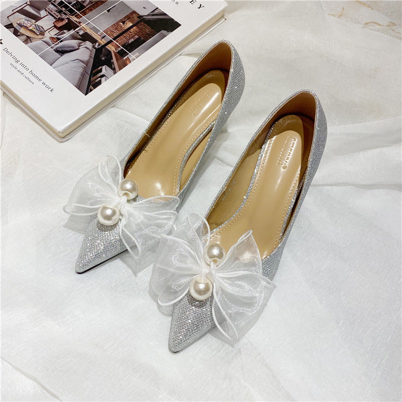 New Wedding Pearl Lace Bowknot Shallow Mouth Pointed Wedding Shoes High-heeled Shoes