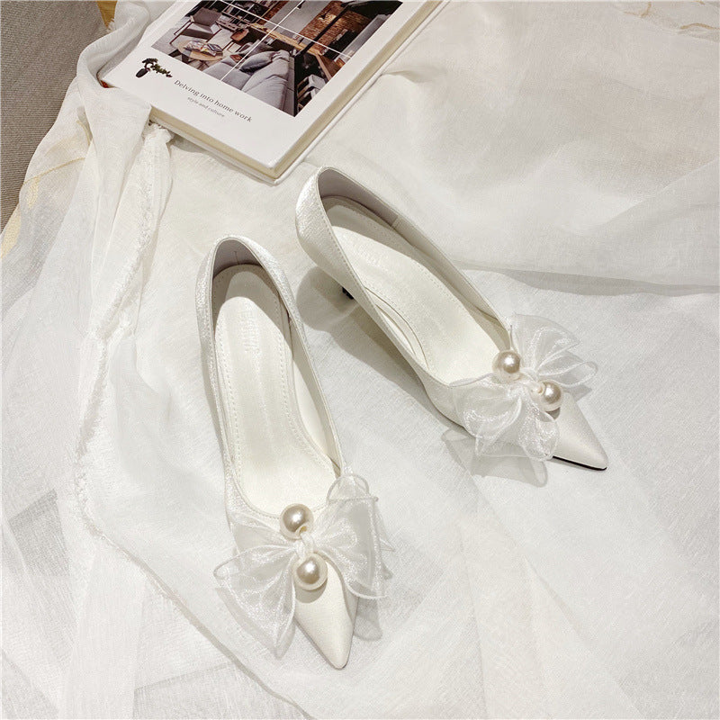 New Wedding Pearl Lace Bowknot Shallow Mouth Pointed Wedding Shoes High-heeled Shoes