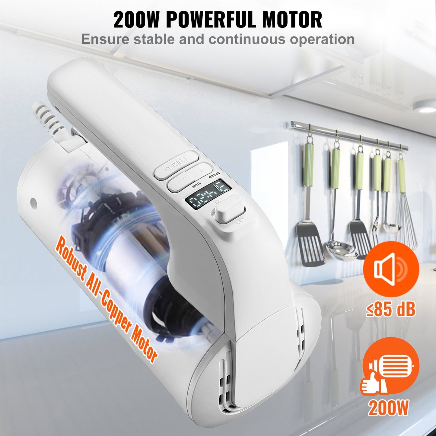 VEVOR Digital Electric Hand Mixer, 5-Speed, 200W Portable Electric Handheld Mixer, With Turbo Boost Beaters Dough Hooks Whisks Storage Bag, Baking Supplies For Whipping Mixing Egg Cookie Cake Cream