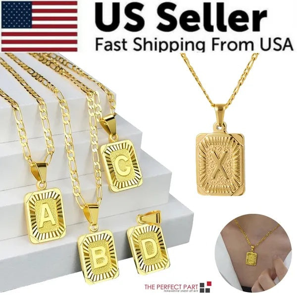 Gold Plated Initial Letter Pendant Necklace Stainless Steel Figaro Chain