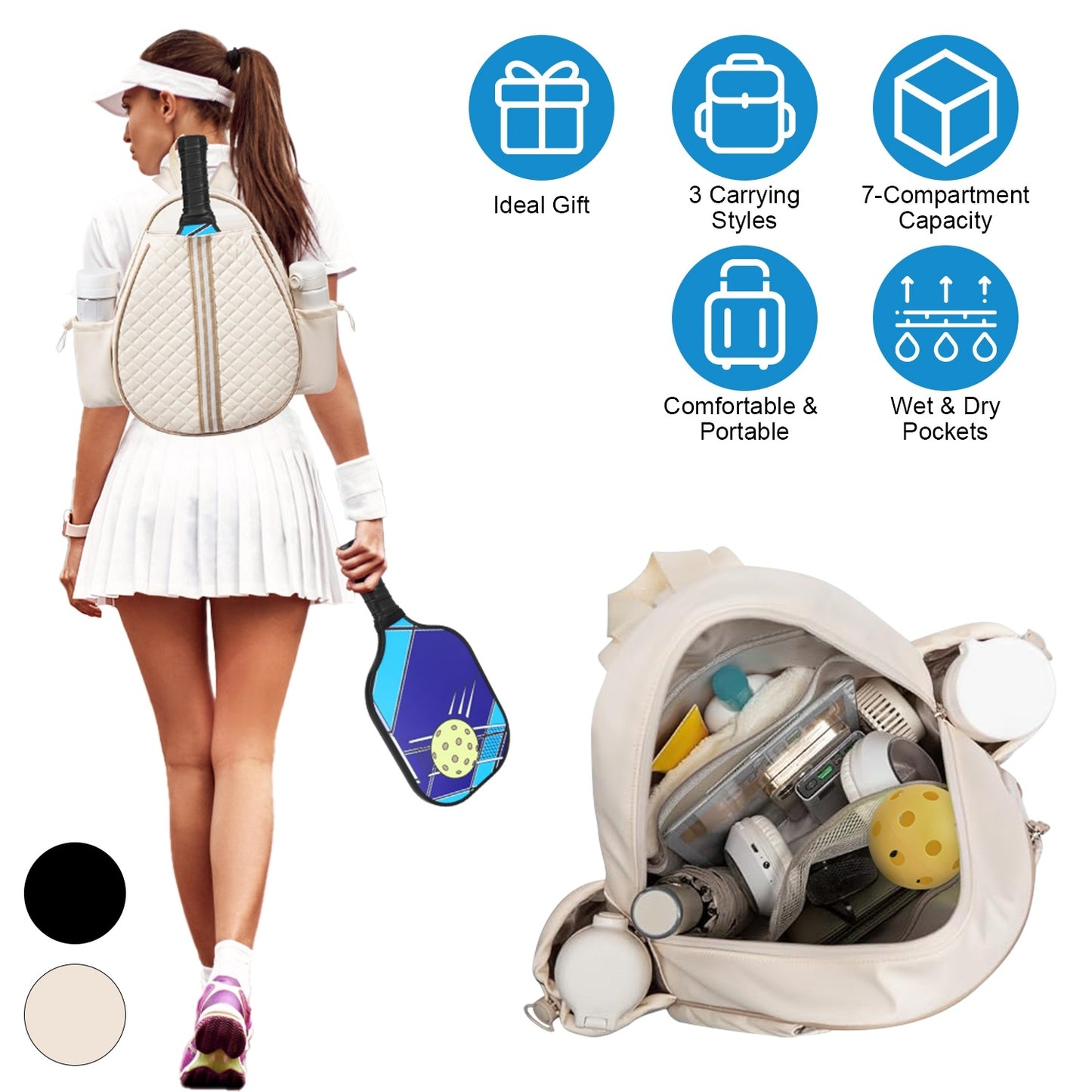2 Color Options -- Pickleball Sling Bag For Men Women Waterproof Badminton Tennis Backpack With Wet Pocket Hidden Fence Hook Machine Washable