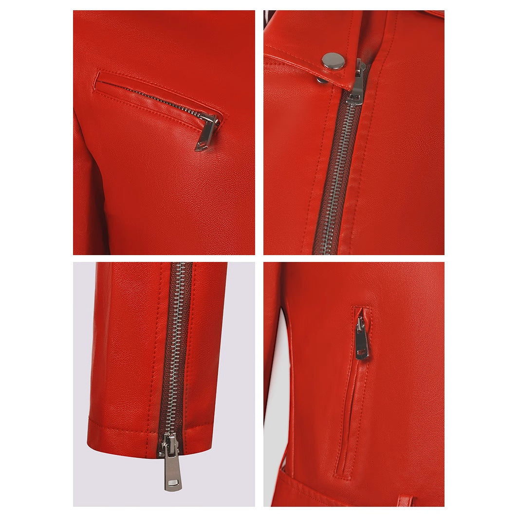 Lapel Short Belt Women's PU Simple Leather Jacket Motorcycle Jacket