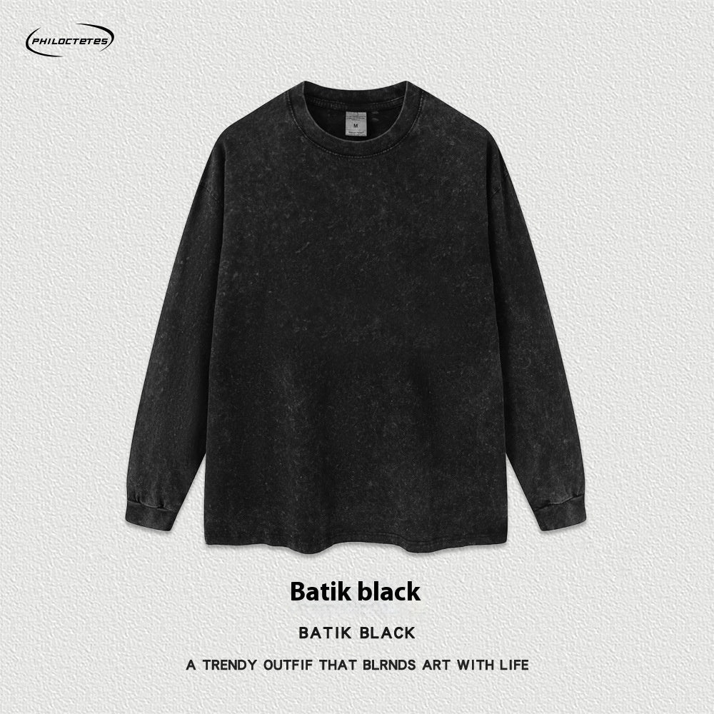 Spring Batik Long-sleeved T-shirt Retro Worn Looking Washed-out Loose Men's Top