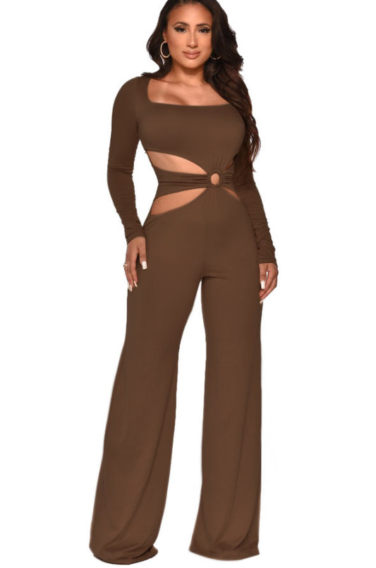Round Neck Long Sleeve Personality Slim Sexy Waist Jumpsuit