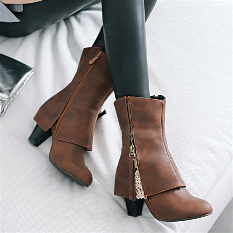 Retro boots chunky heels casual boots
