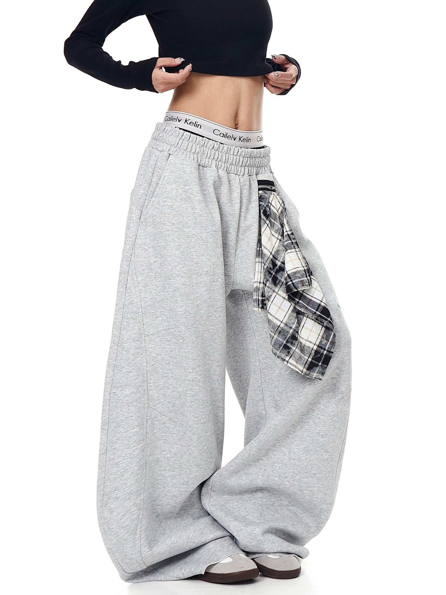Retro Detachable Plaid Square Scarf Loose Wide-leg Pants