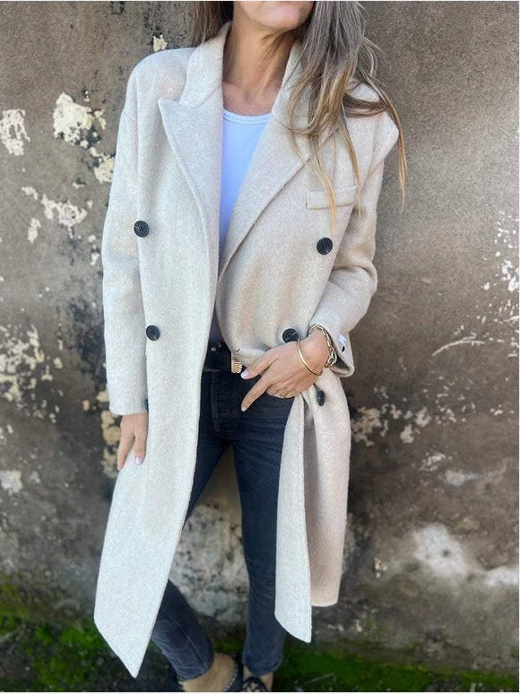 Women's Mid-length Lapel Long Sleeve Double-breasted Casual Jacket