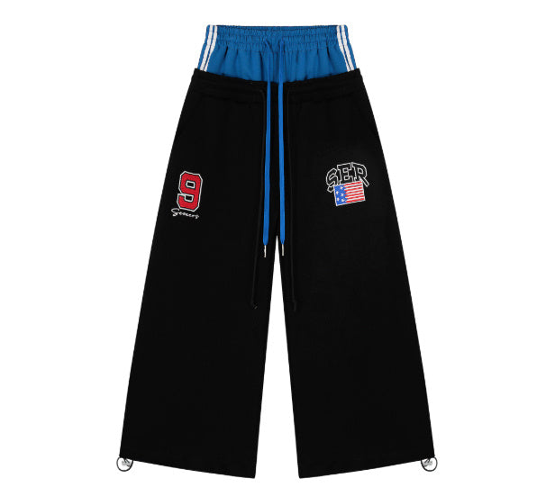 American-style Retro Double-waist Stitching Letter Curved Knife Sweatpants