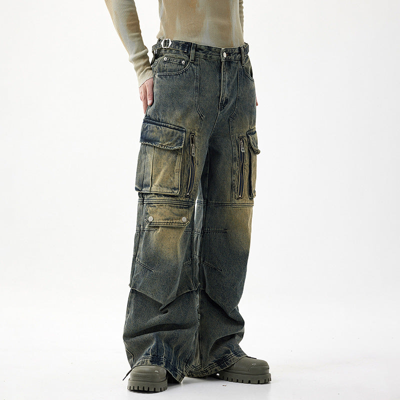 American Retro Multi-pocket Workwear Washed Jeans