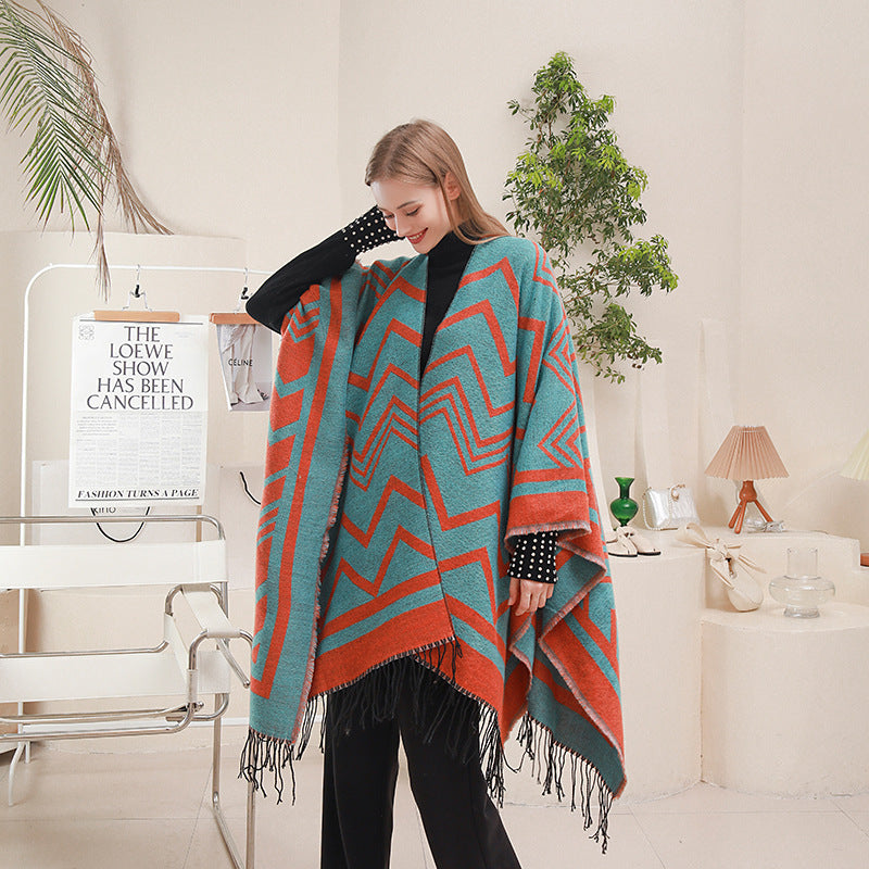 Fashionable With Side-slit Shawl Cape Herringbone Wave Scarf Shawl Suitable For Chinese
