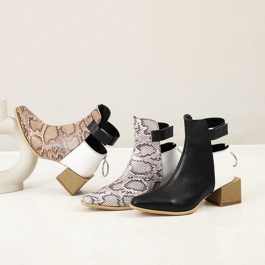 Snake-print Martin Boots With Thick Heels And Pointed Toes