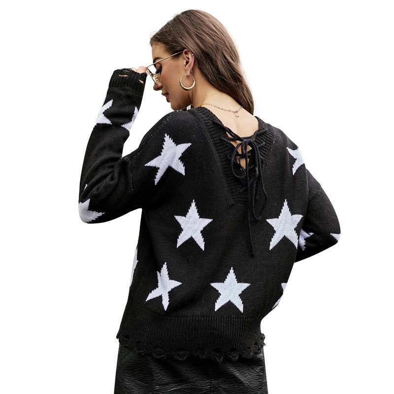 Women's Loose Drawstring Casual Five-star Brocade Sweater