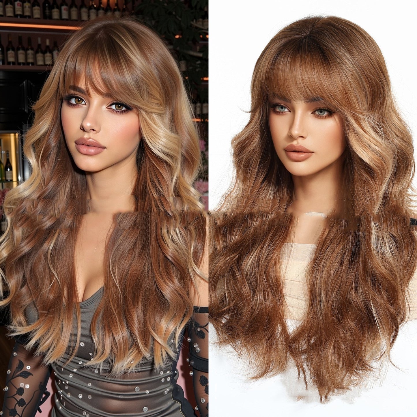 Fringe Brown Highlights Long Curly Hair Full-head Wig