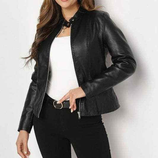 Women's Solid Color Long Sleeve Stand Collar Faux Leather Blazer - Single Button Zippered Jacket For Fall&Winter