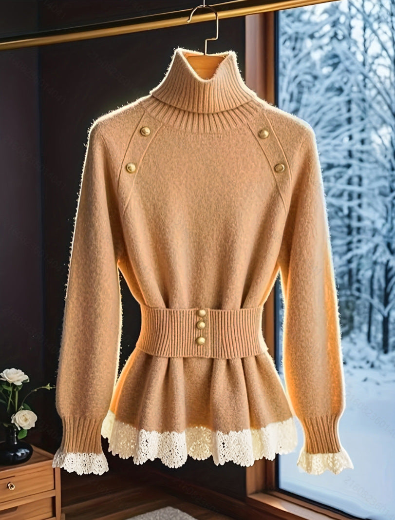 Elegant Lace Stitching Belt Knitted Top