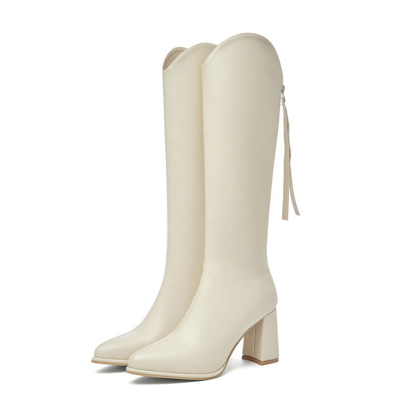 Women's Thick-heeled High Heels But Knee-high Elastic Boots Are Thin And Pointed