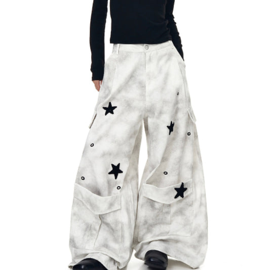 Worn Looking Washed-out Tie-dye Wide-leg Overalls
