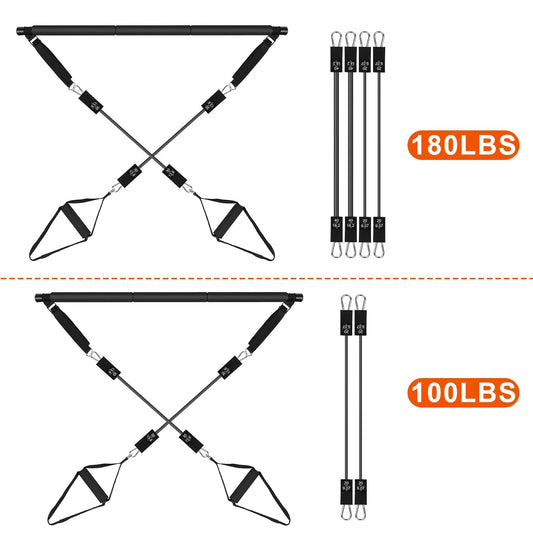 100LBS OR 180LBS Band Options - 1Pc Pilates Bar Kit Multifunctional Pilates Yoga Toning Bar Full Body Exercise Equipment Set For Beginners Intermediates Professionals 4 Elastic Resistance Bands