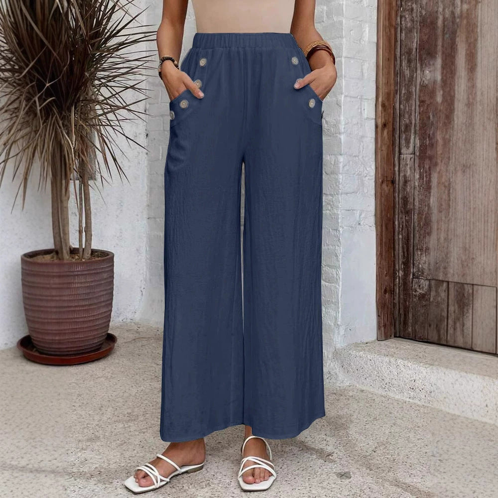 Women's Casual Elastic High Waist Loose Trousers Solid Color Wide Leg Pants