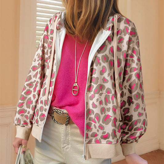 Women's All-match Rose Leopard Zipper Hooded Sweatshirt