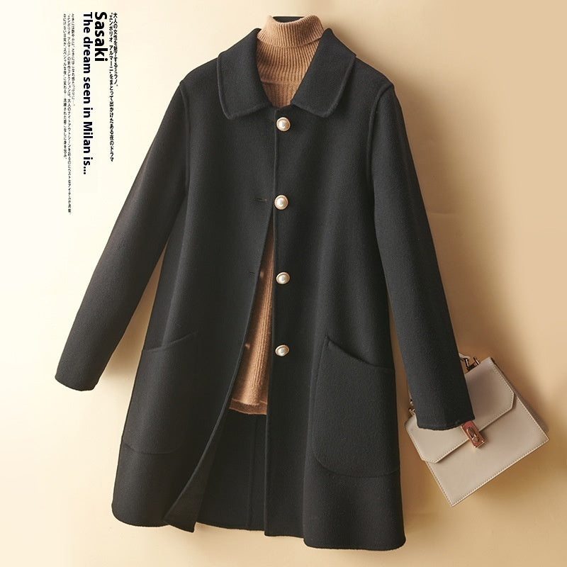 Wool Pearl Buckle Double-faced Woolen Goods Women's Doll Collar Mid-length Coat