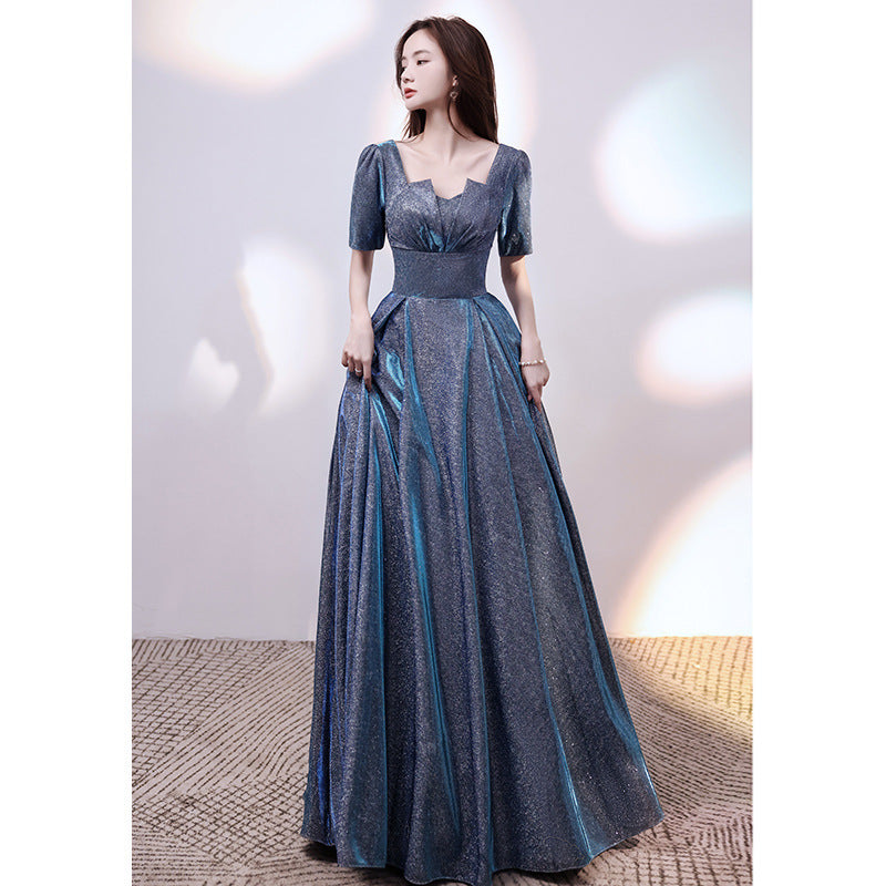 Elegant Sparkly Starry Princess Scoop Neck Puff Sleeve Floor Length Prom Gown Evening