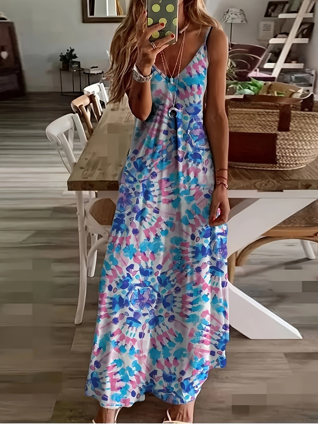 Self-pick-up Plus Size Women's Marble Printed V-Neck Stretchy Casual Cami Tank Dresses