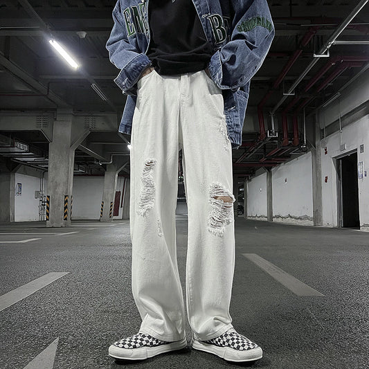 Men's Solid Color Ripped Denim Cropped Pants