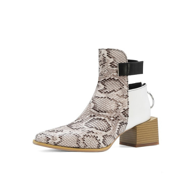 Snake-print Martin Boots With Thick Heels And Pointed Toes