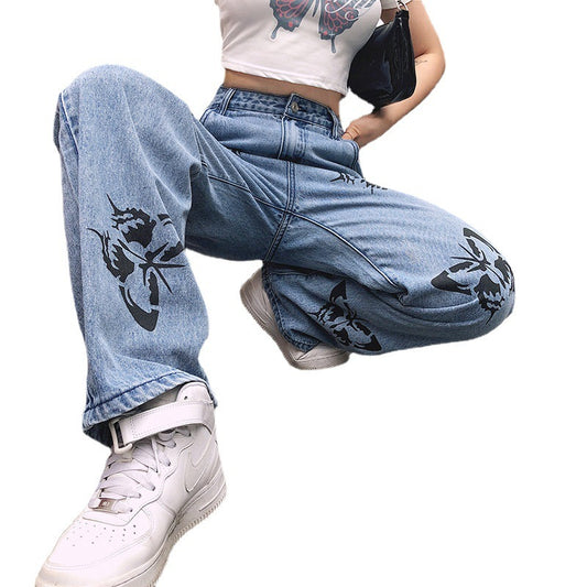 Fashion Straight-leg Butterfly Denim Trousers