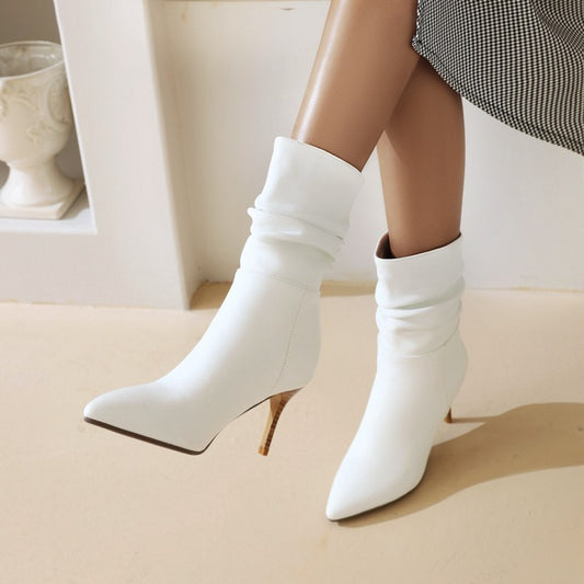 Women's Boots With Stiletto Heels And Short Pleated Mid-tube Boots