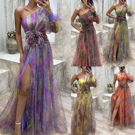 New Party Mesh Slanted Shoulder Dress INS Casual And Fashionable Women's Long Skirt
