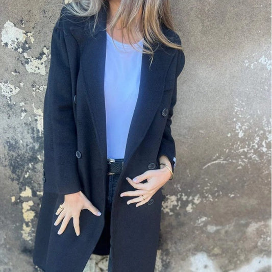 Women's Mid-length Lapel Long Sleeve Double-breasted Casual Jacket