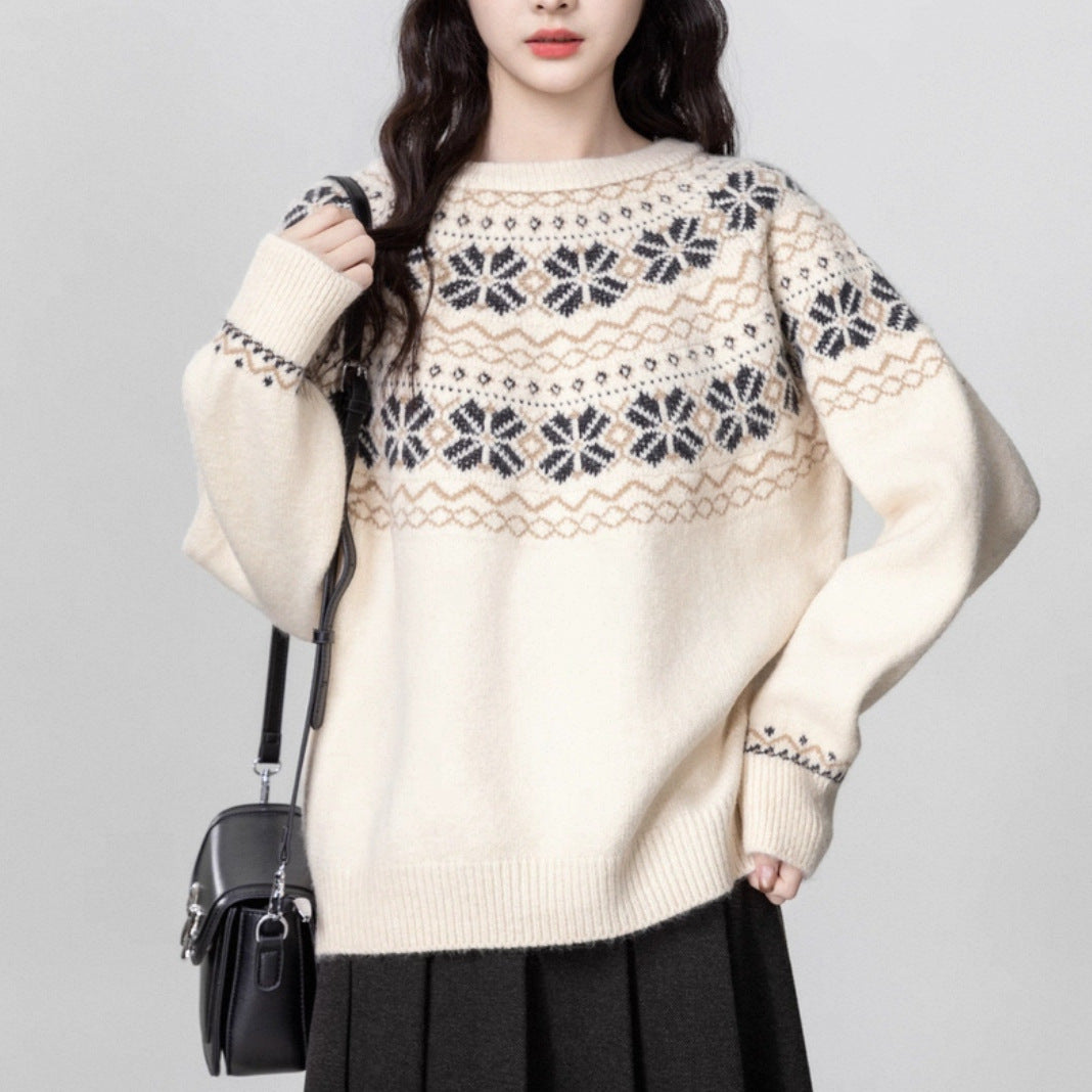Women's Vintage Fair Island Woven Thickened Crew Neck Pullover Sweater