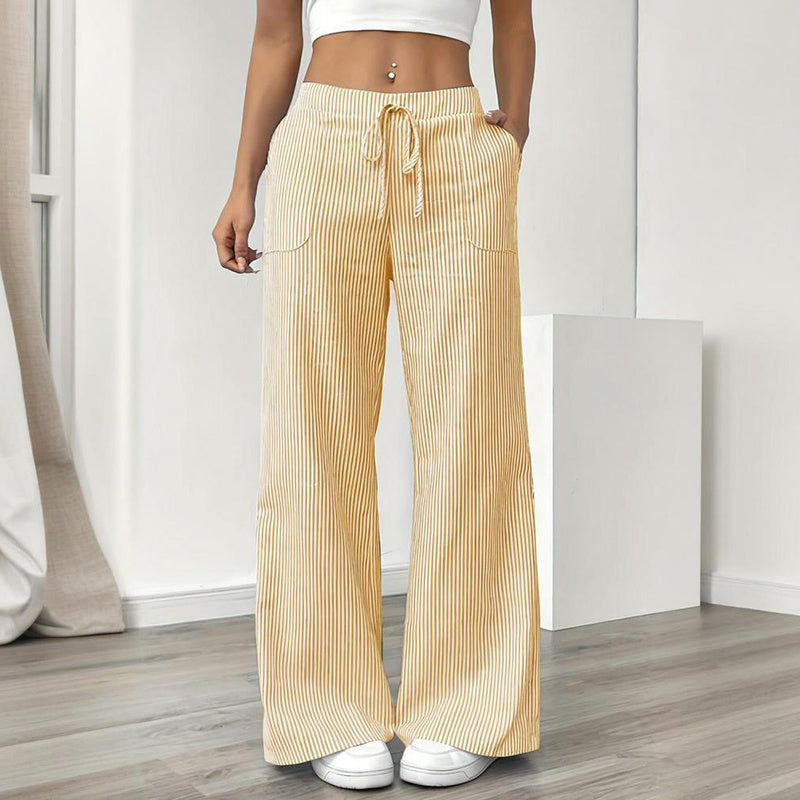 Women's Striped Print Straight Wide Leg Pants Drawstring Waist Slant Pockets Pants Casual Long Pants