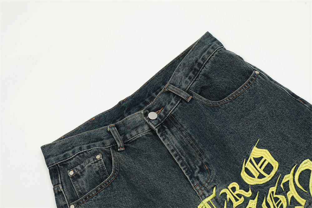 Embroidery Hole Slightly Flared Jeans Men