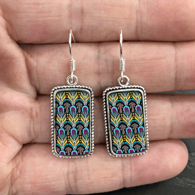 Boho Vintage Peacock Feather Turquoise Stud Earrings For Women