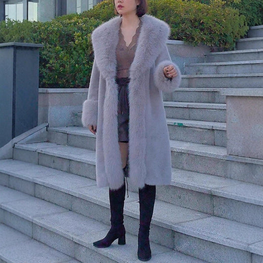 Women's Thick Faux Rabbit Fur Thick Mid-length Leather Fur Coat