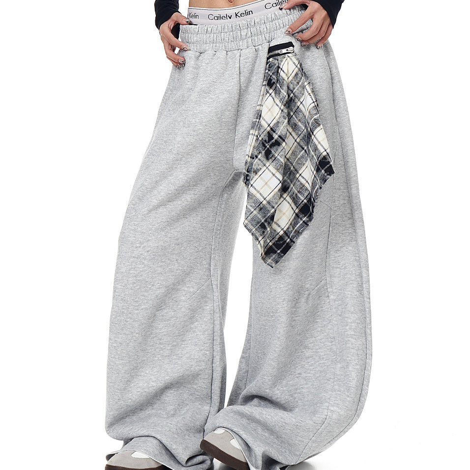 Retro Detachable Plaid Square Scarf Loose Wide-leg Pants